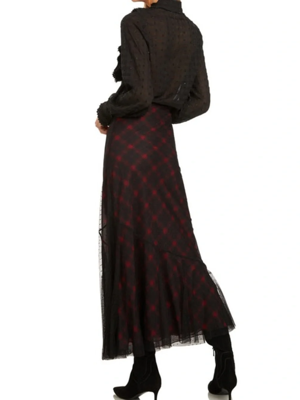Trish Scully Black Red Plaid Mesh Polka Dot Overlay Trumpet Maxi Skirt- Size 2